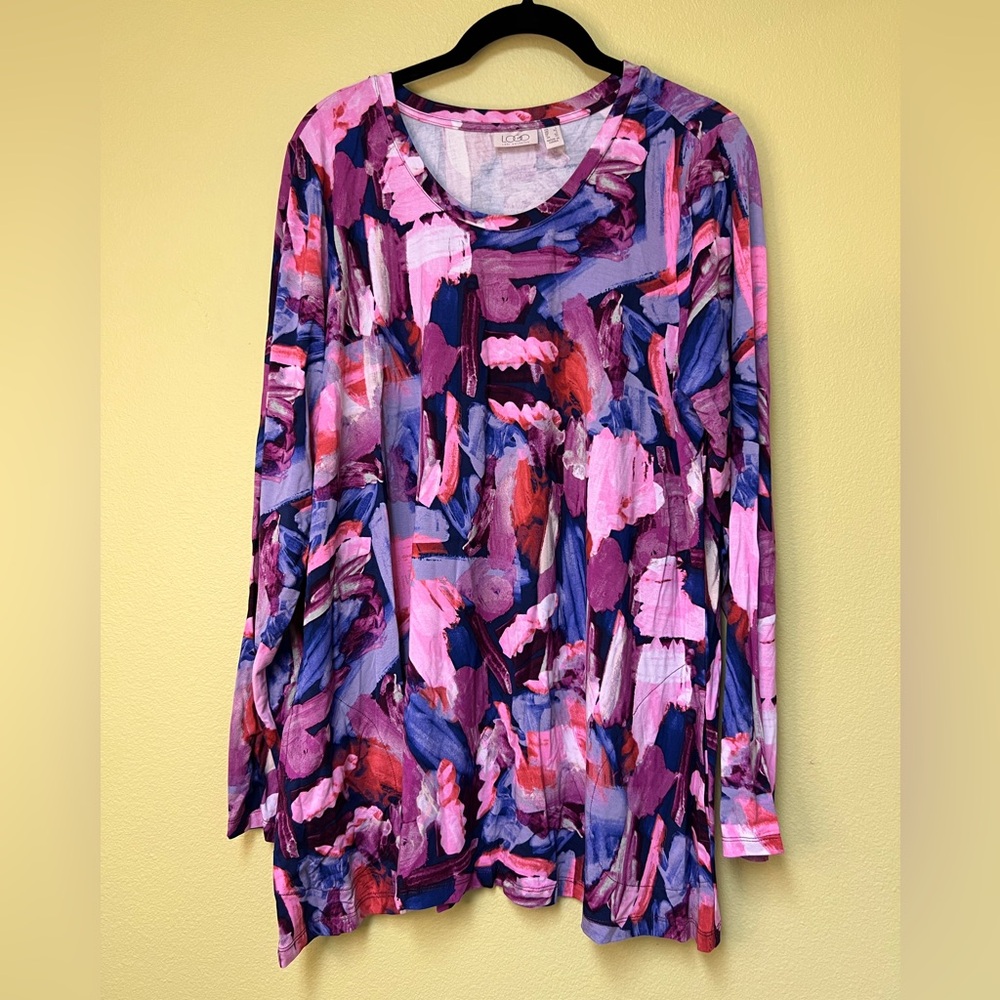 LOGO by Lori Goldstein Brushstroke Print Long Sleeve Blouse in Pink Blue Purple